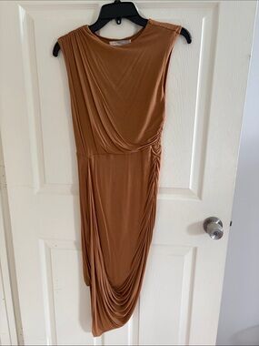 Forever 21 One-Shoulder Draped Midi Dress in Caramel Brown